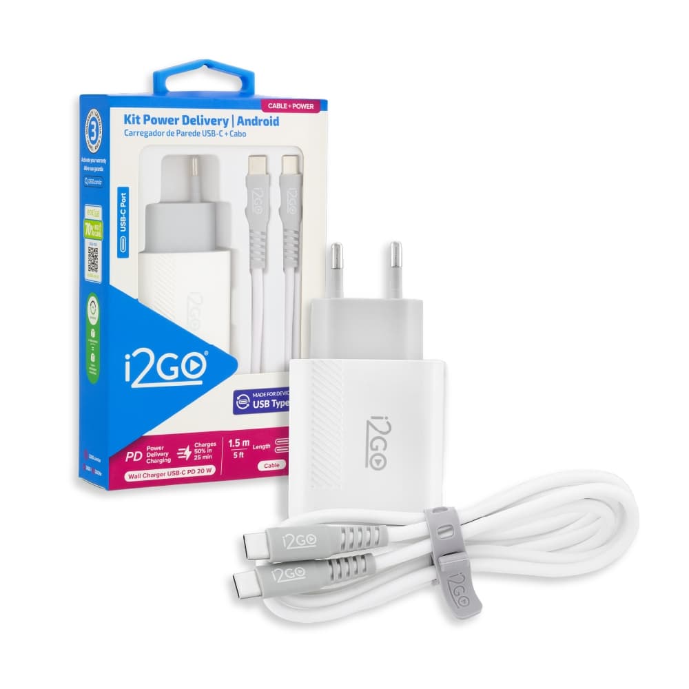 Kit Carregador de Parede Turbo 20w 1 Saída USB-C + Cabo USB-C i2GO 1,5m 3A Branco