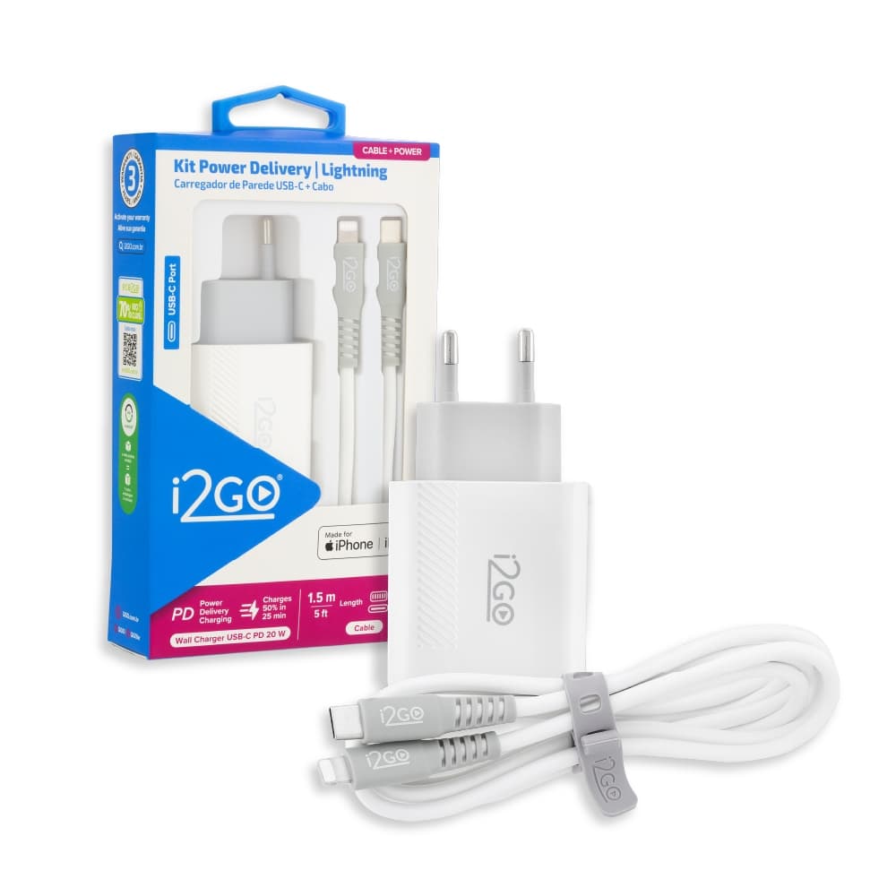 Kit Carregador de Parede Turbo 20w Saída USB C + Cabo Lightinng i2GO Certificado MFI iPhone 5 ate 14