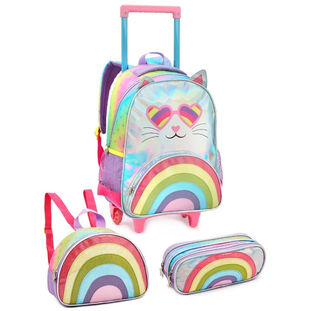 Kit Mochila Com Carrinho Gatinha com Lancheira e Estojo Holográfica