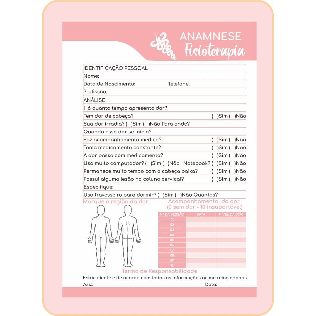 Bloco 100 Folhas Ficha Anamnese Fisioterapia