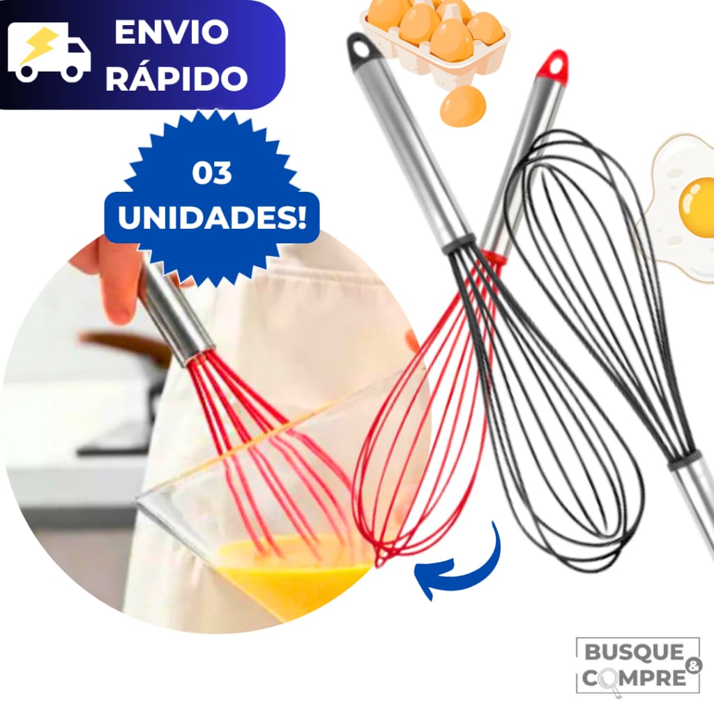 Kit 3 Batedores de Claras Ovos Gourmet de Silicone e Aço Inox Fuet Omelete Bolo Fue Batedor Cozinha