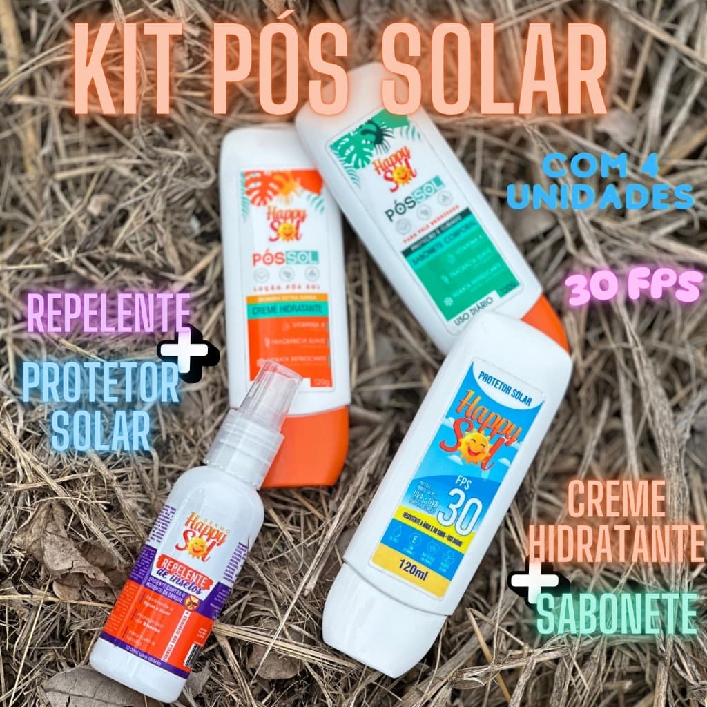 KIT PÓS SOL - Protetor solar 30 FPS , repelente , creme hidratante , sabonete HAPPY SOL