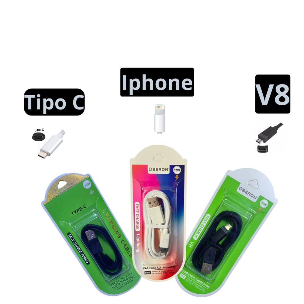 Cabo Carregador dados Turbo 25W TURBO - Tipo C - V8 Micro  - Iphone Lightning