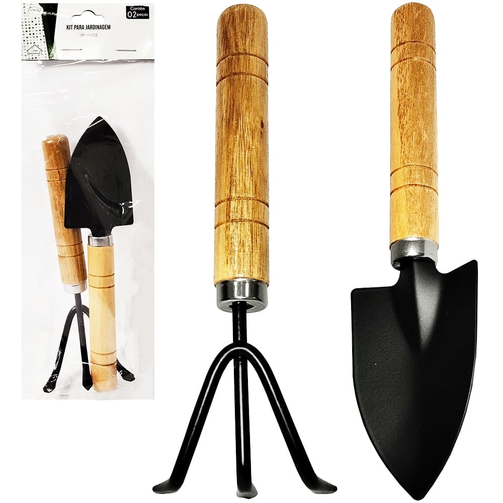Kit Para Jardim Com Pá + Ancinho / Rastelo Cabo Madeira Com 2 Pecas