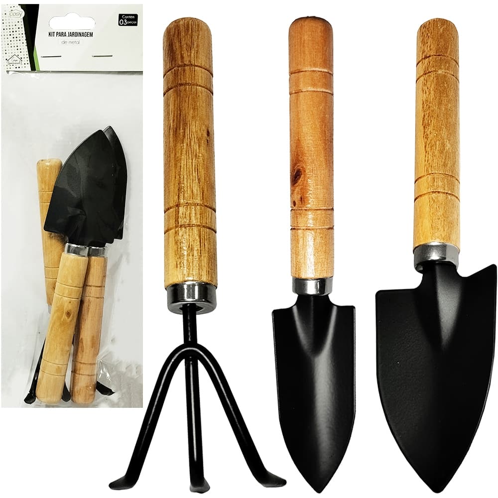 Kit Para Jardim Com 2 Pás + Ancinho / Rastelo Cabo Madeira Com 3 Pecas