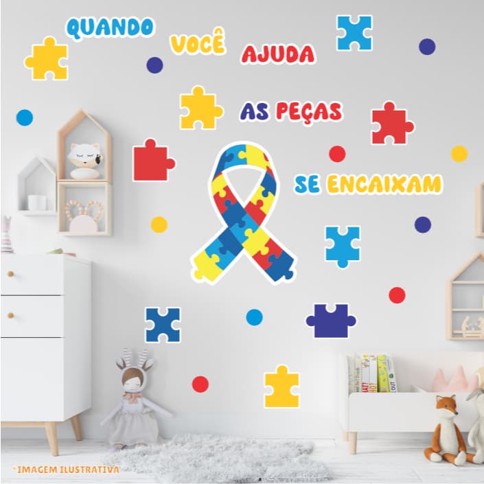 AUTISMO 3 - PAPEL DE PAREDE - RECORTE, quebra cabeça, laço, frase