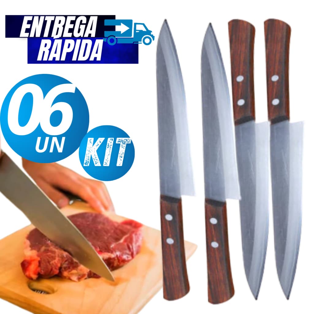 Conjunto Jogo Kit 06/03 Faca De Cozinha Inox Profissional 7" Do Chef Cabo Madeira 30CM Linha Premium
