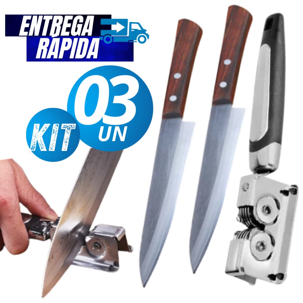 Kit 03/02 Faca de Cozinha Aço Inox Cabo de Madeira 7" Afiador e amolador de facas Tesoura Linha Premium Resistência