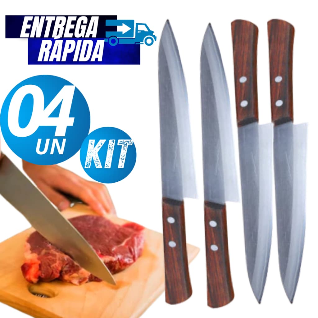 Kit 04/02 Faca De Cozinha Inox Profissional 7" Do Chef Cabo Madeira 30CM Linha Premium
