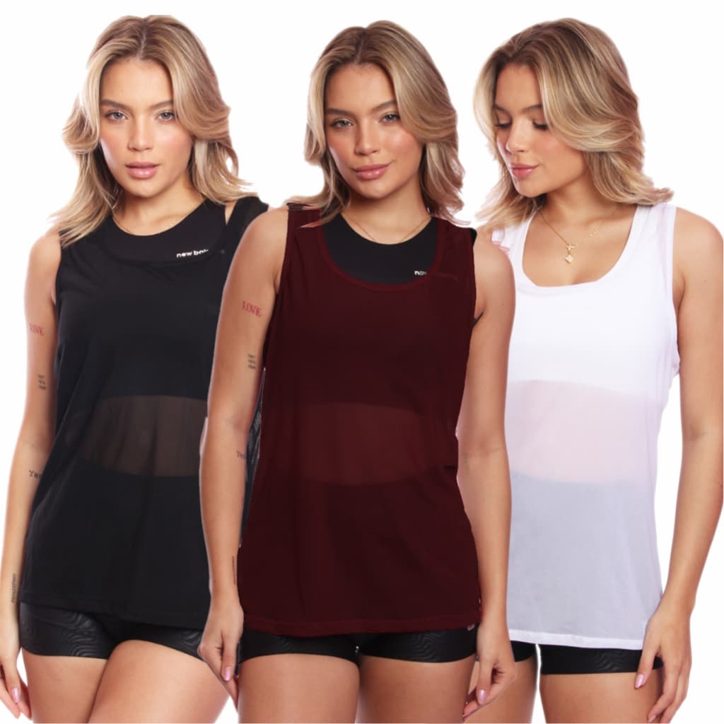 Kit 3 Regatas Tule Transparente Treino Academia Fitness Casual