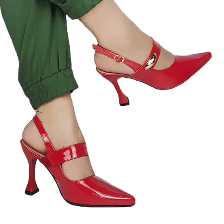 Scarpin Feminino Slingback Vermelho Verniz Bico Fino Salto Alto 9,0cm Confortável Elegante Premium