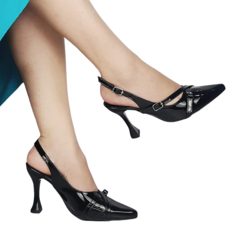 Scarpin Feminino Slingback Preto Bico Fino Salto Alto 9,0cm Confortável Moda Premium Estilo Único