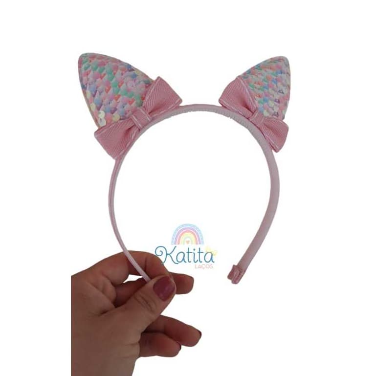 Tiara Infantil Orelha gatinho- Arco de menina em Paetê colorido.