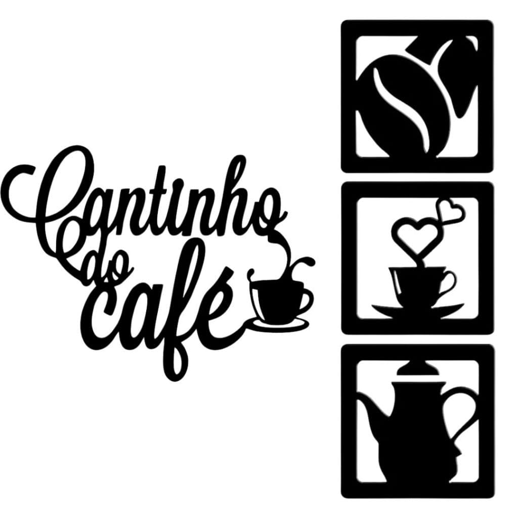Kit Aplique Cantinho do Cafe Preto 4 peças para Decoração Cozinha Escritório Mdf Decorativo