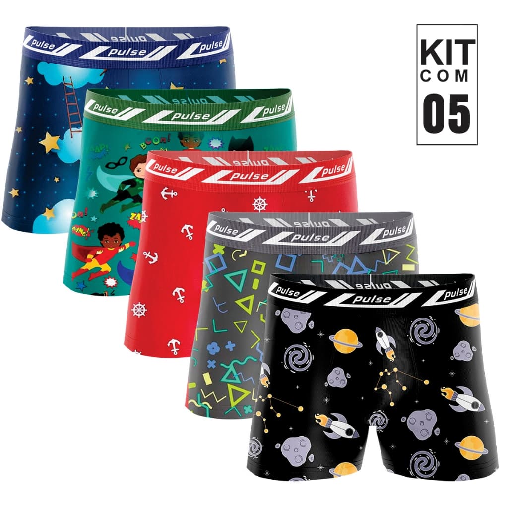 Kit 5 Cuecas Box Boxer Infantil para criança Desenho Estampada Com Forro de Algodão