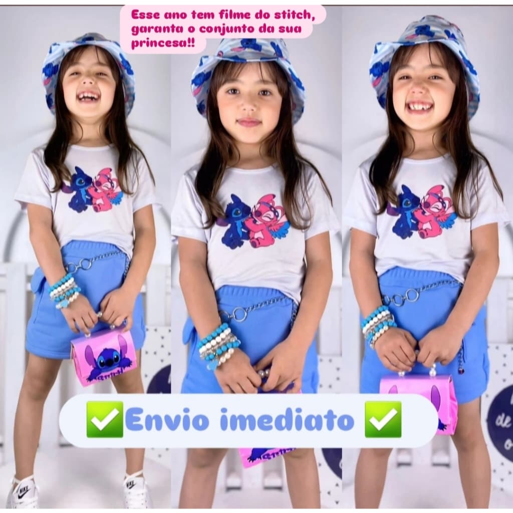 Conjunto Infantil Menina Stitch Verão Short Saia e Blusinha ou Short Cargo com Blusinha(4 ao 14 anos)