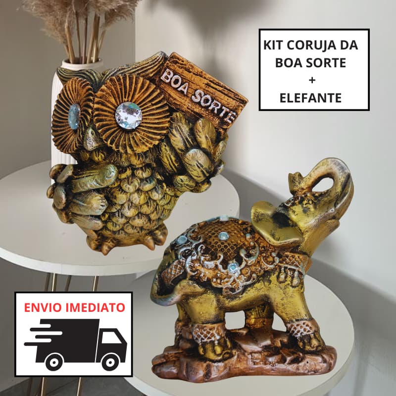 Kit Elefante e Coruja da Sorte em Gesso Decorativo Dourado Prata Símbolos de Sorte e Proteção
