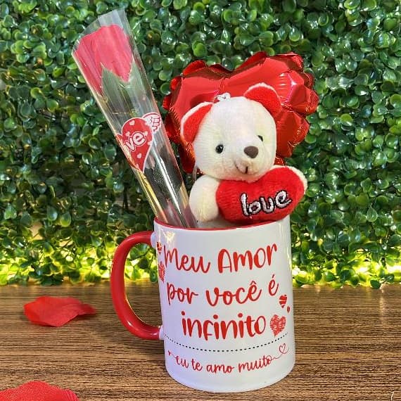 Kit mini cesta de presente com caneca urso rosa balão dia dos namorados mãe irmã amiga aniversário de namoro