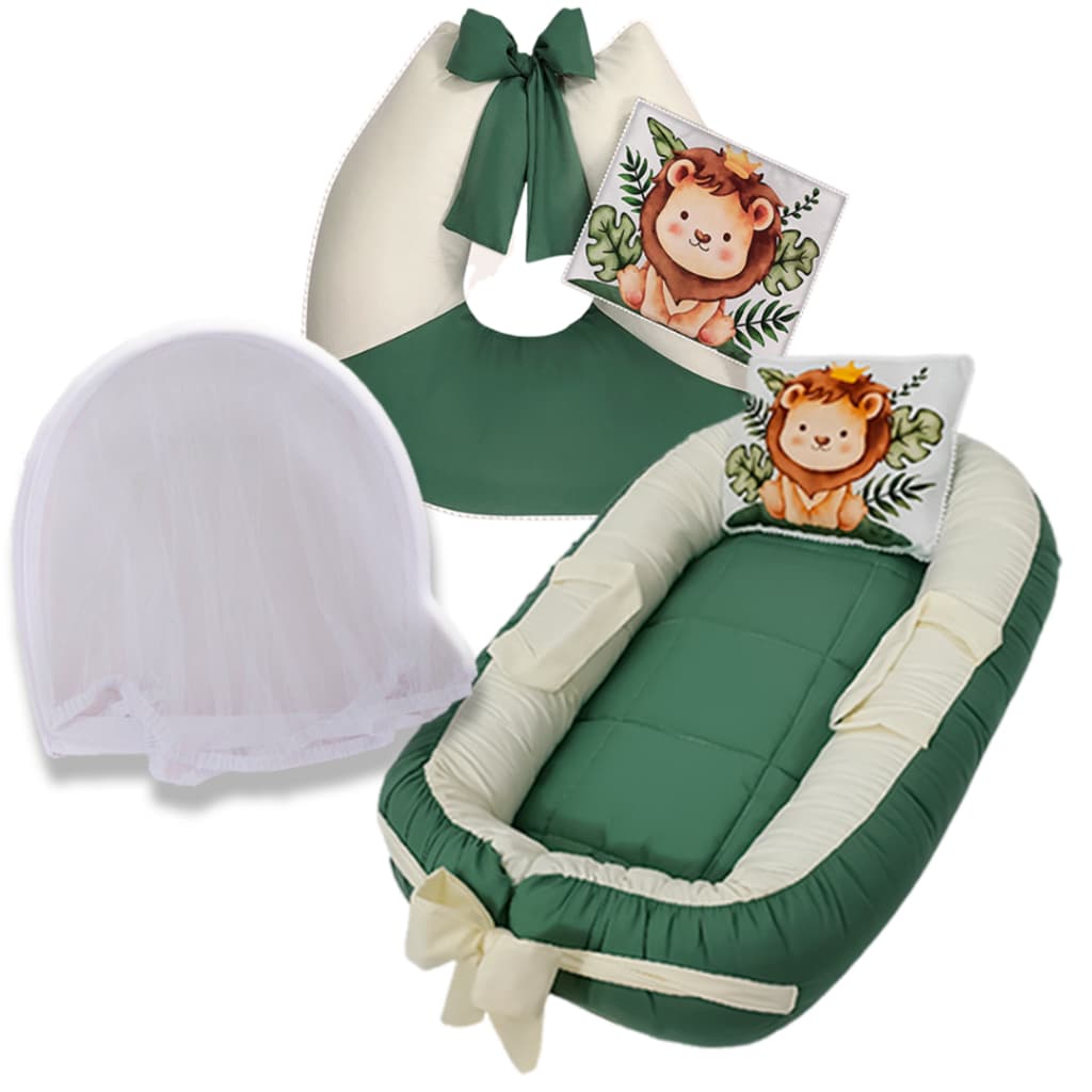 Kit Completo - Ninho Redutor de berço, Almofada de Amamentação, Mosquiteiro e 2 Almofadinhas decorativa
