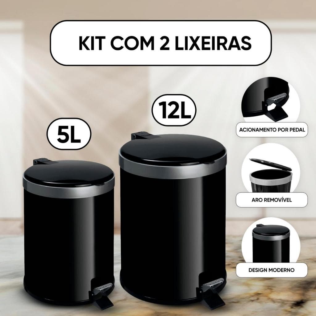 Kit 2 Lixeiras Banheiro Cozinha com Pedal 5 e 12 Litros Plástico Cesto de Lixo Escritório Preto