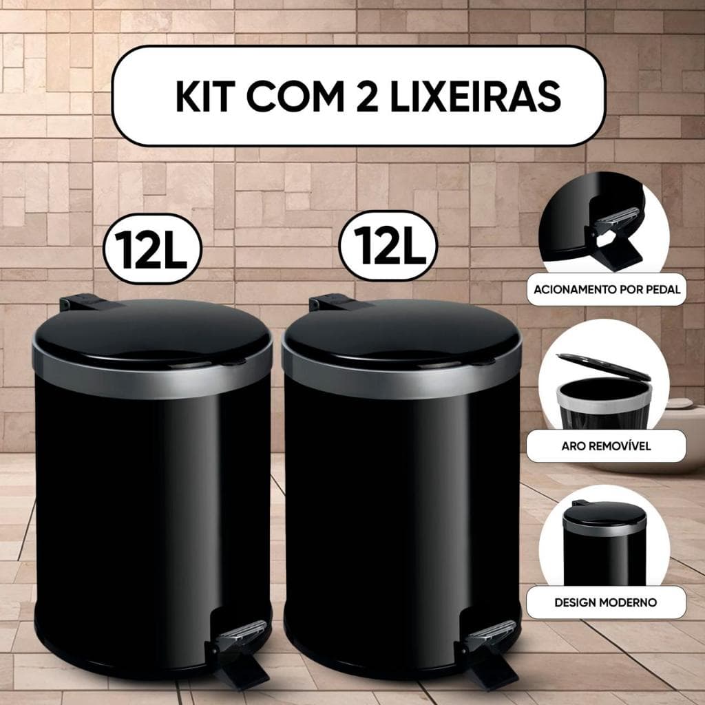Kit 2 Lixeiras Banheiro Cozinha com Pedal 12 Litros Plástico Cesto de Lixo Escritório