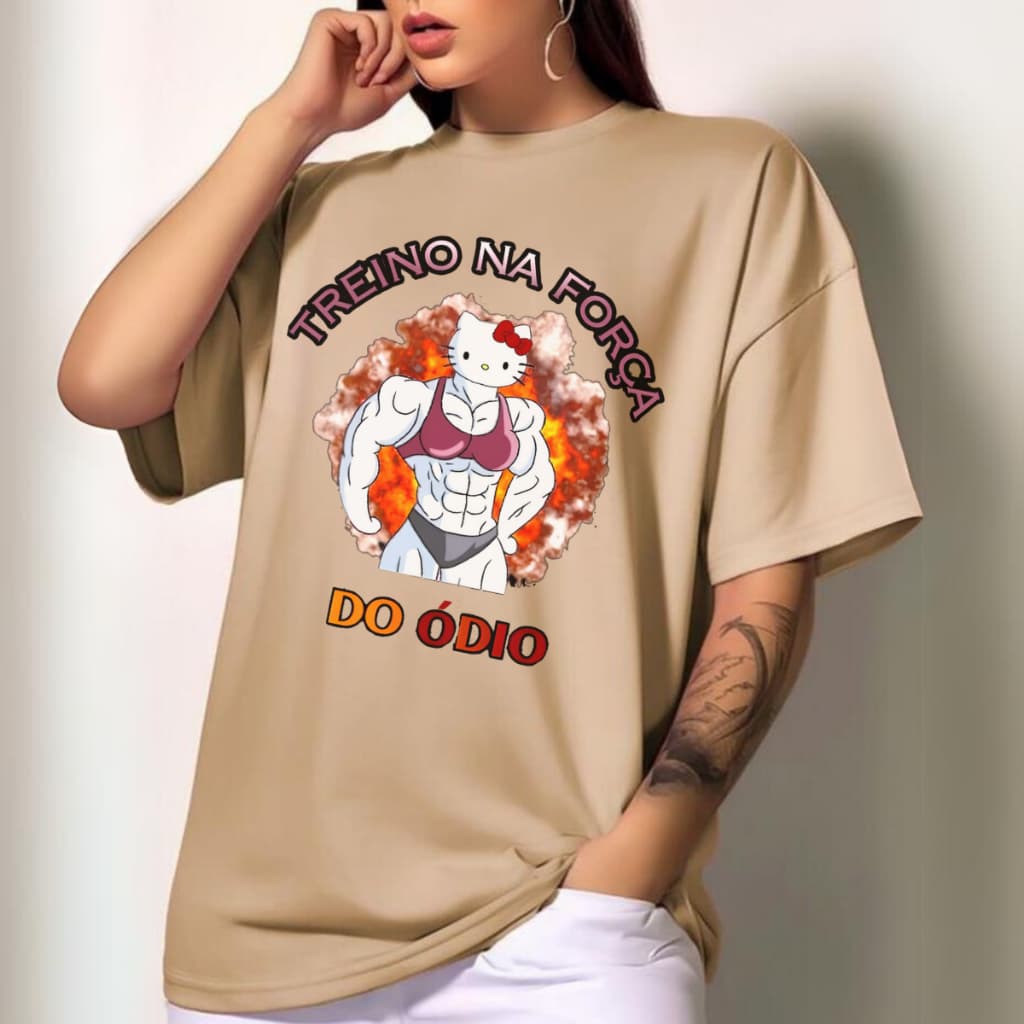 Camiseta Treino camisa Feminina Na Força Roupas de Academia blusaTreino Hello Kitty Meme