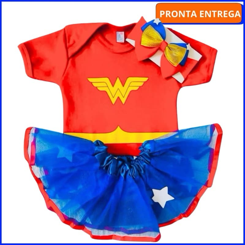 Body Bebê Temático Mesversário Personagem Mulher Maravilha + Laço +Tule