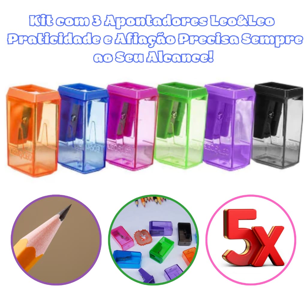 Kit Econômico com 5 Apontadores Com Depósito Leo&Leo - Perfeito Para Escolas, Escritórios e Artistas