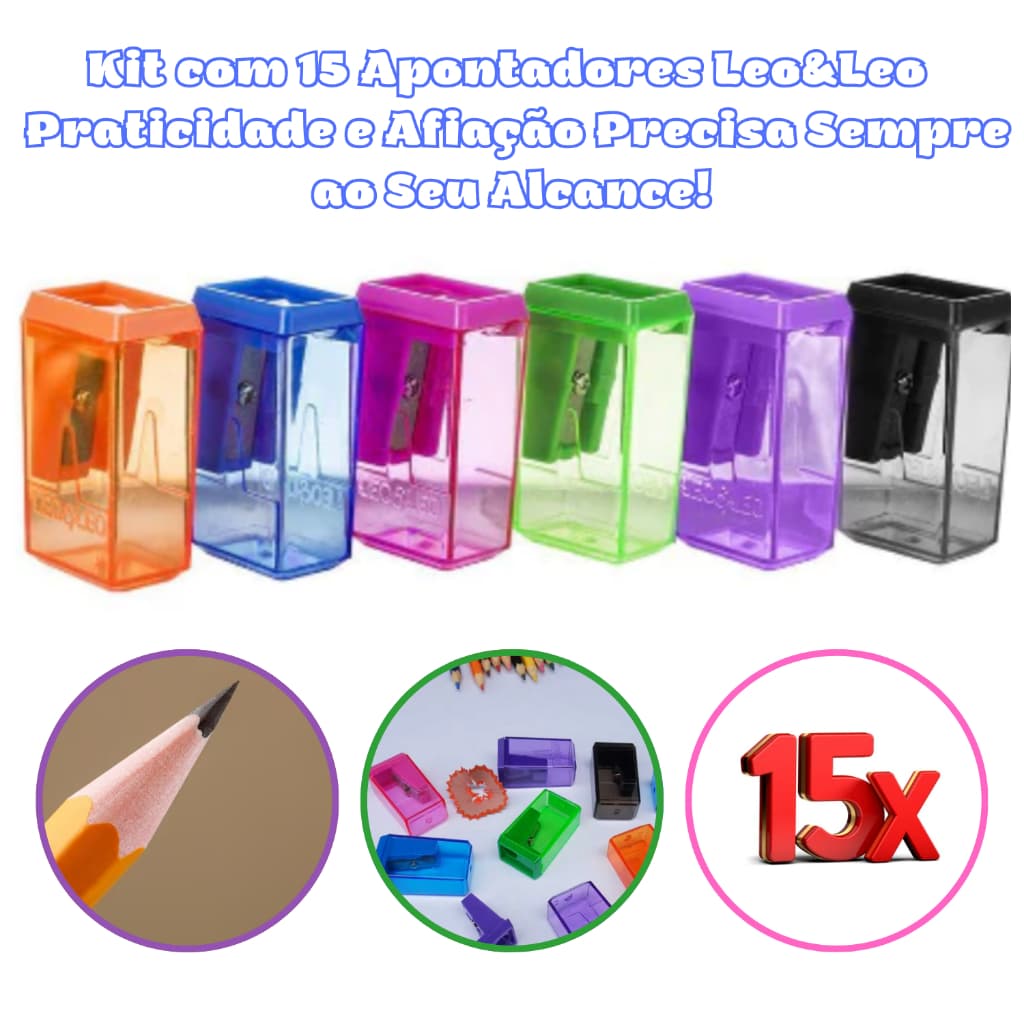 Kit Econômico com 15 Apontadores com Depósito Bloco Leo&Leo - Perfeito Para Escolas, Escritórios e Artistas