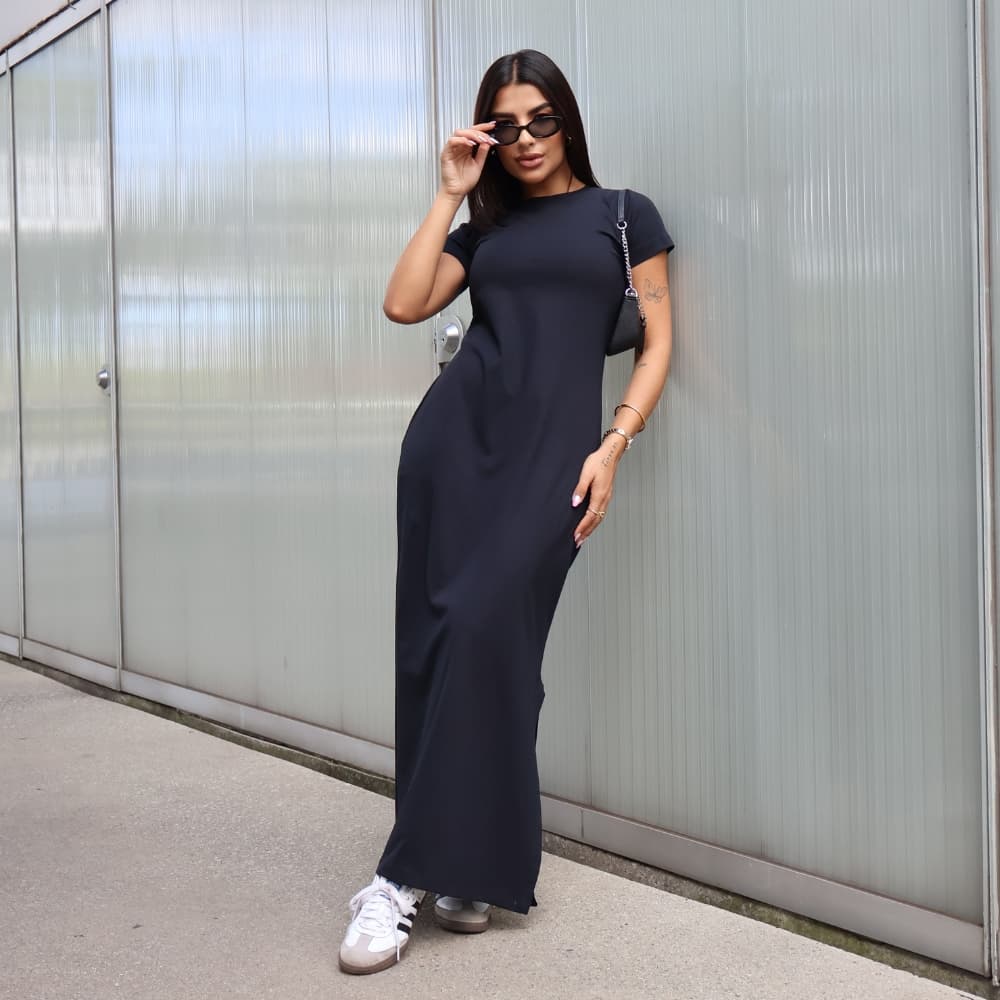 Vestido Longo Feminino Com Fenda Manga Curta Algodão