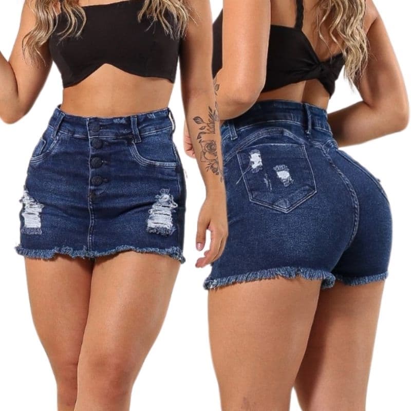 Short Saia Escuro Com Laycra Elastano Cintura Alta Barra Desfiada Versátil