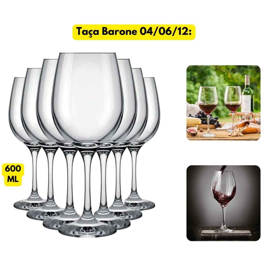 Jogo Kit 04/06/12 Taças Vidro Transparente Barone 600ML Vinho Grande Restaurante Refeição Jantar