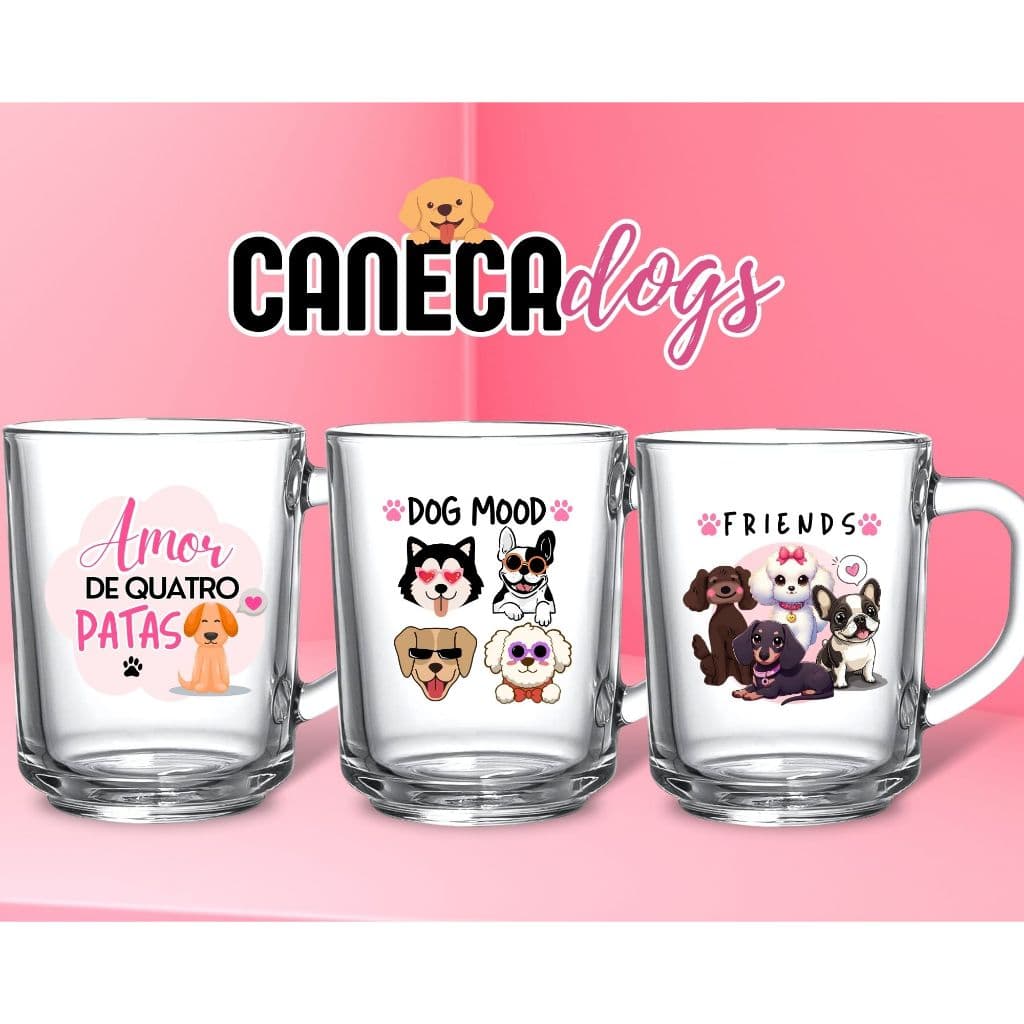 Jogo 3 Canecas Vidro 225ml Personalizada Cachorro Estampa De Pets P/ Café Chá Presente Criativo