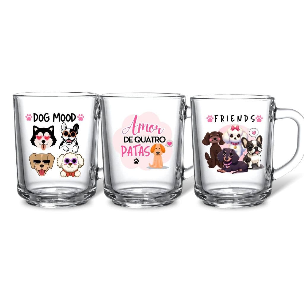 3 Canecas Amor De Quatro Patas Decorada Vidro Resistente Desenho Cachorro Fofo Animal De Estimação