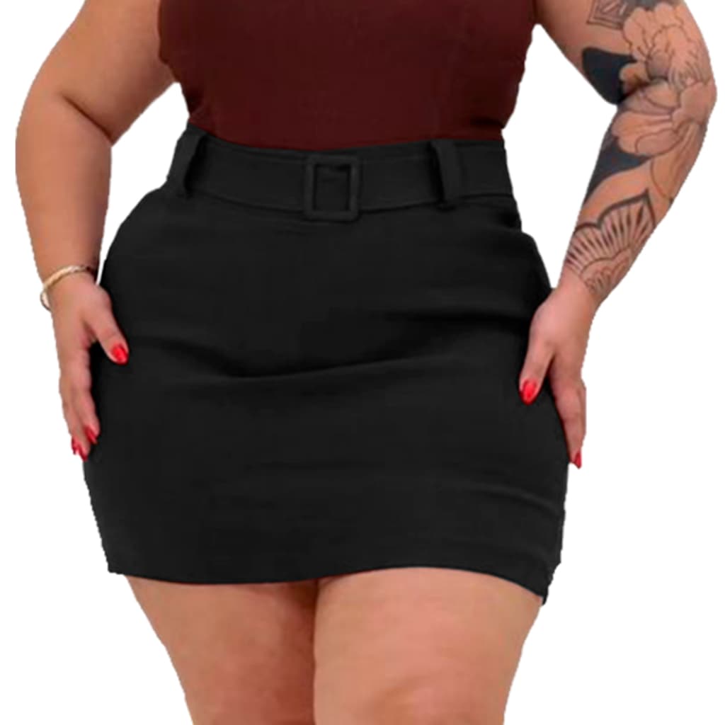 Shorts Saia Plus Size com Bermuda Cós Alto, Cinto e Fivela Elegante