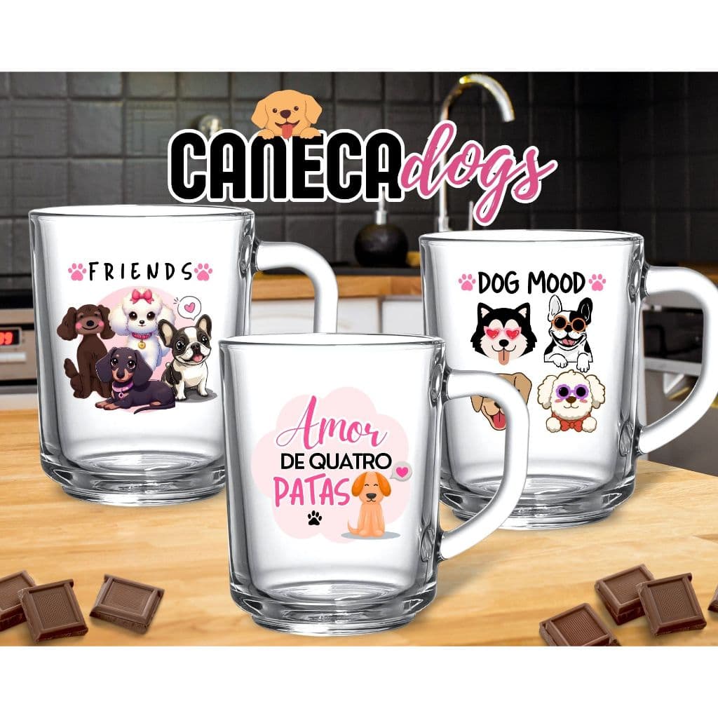 3 Canecas Amor De Quatro Patas Decorada Vidro Resistente Desenho Cachorro Fofo Animal De Estimação