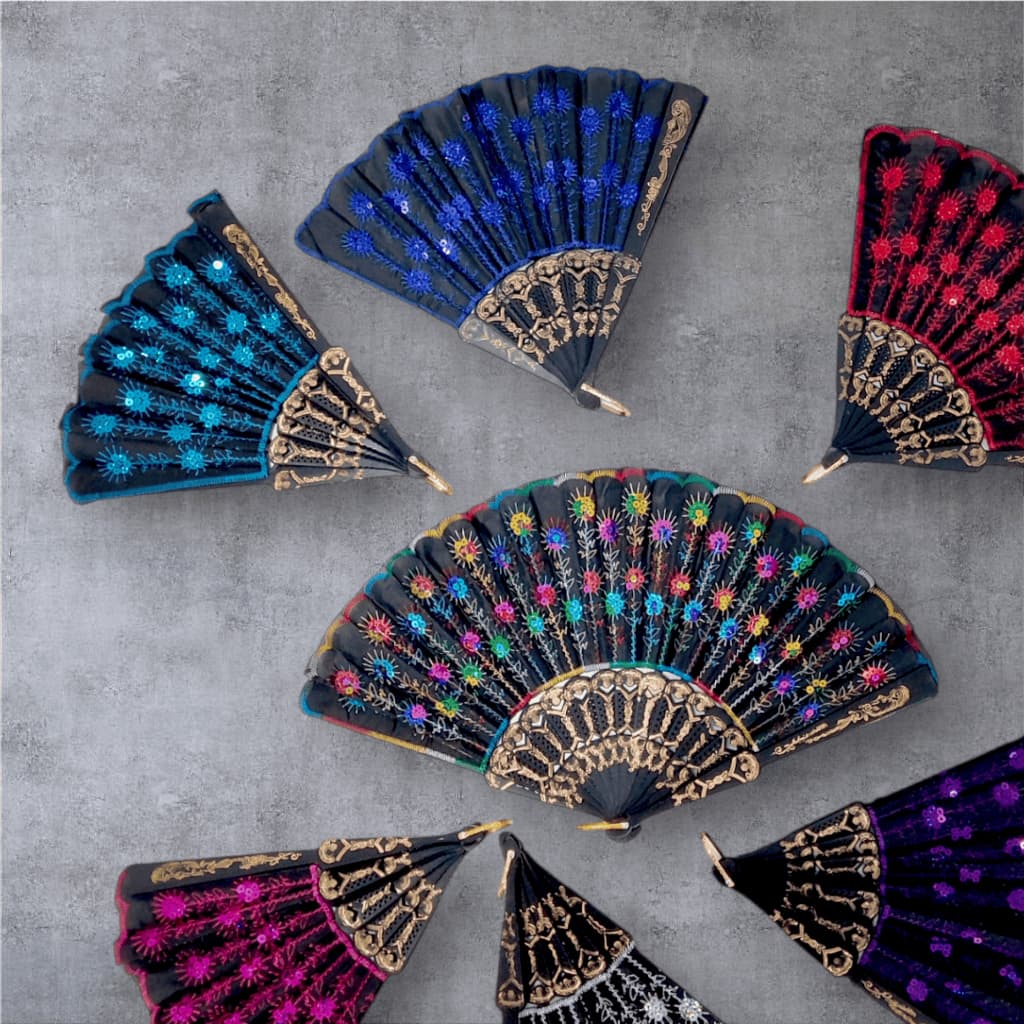 Leque Tecido Lantejoula Paete Brilhante Varias Estampas Diversas Escuro Oriental Japonês Gueixa