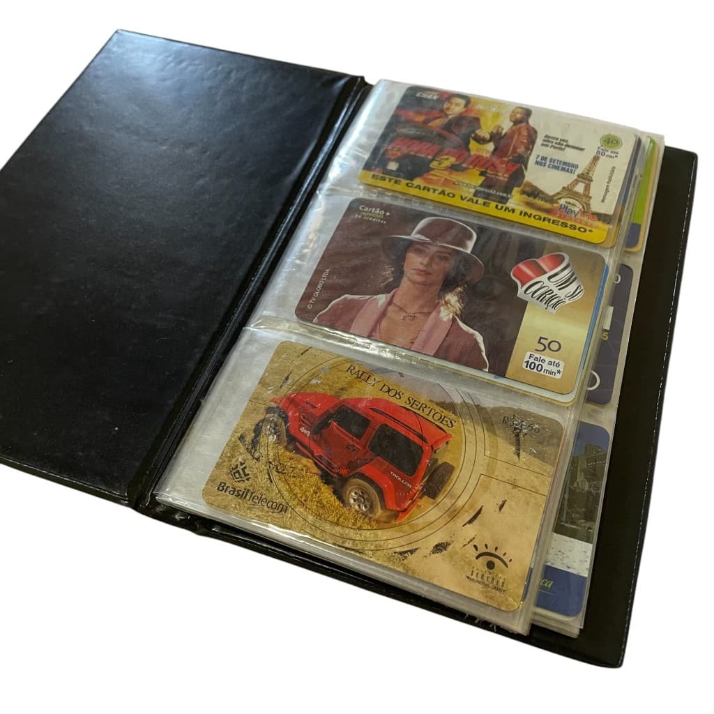 Cartões telefônicos lote c/ 60 diversos s/ repetição + porta cartões coleção