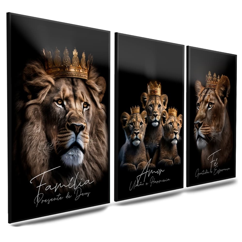 Quadros Decorativos família de leão 3 Peças Mosaico Sala Quarto Escritório