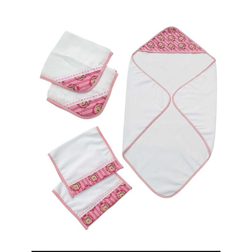Toalha de Banho Bebê Kit + 2 Toalhas de Ombro + 2 Fralda de Boca para Bebê  Estampas Variadas
