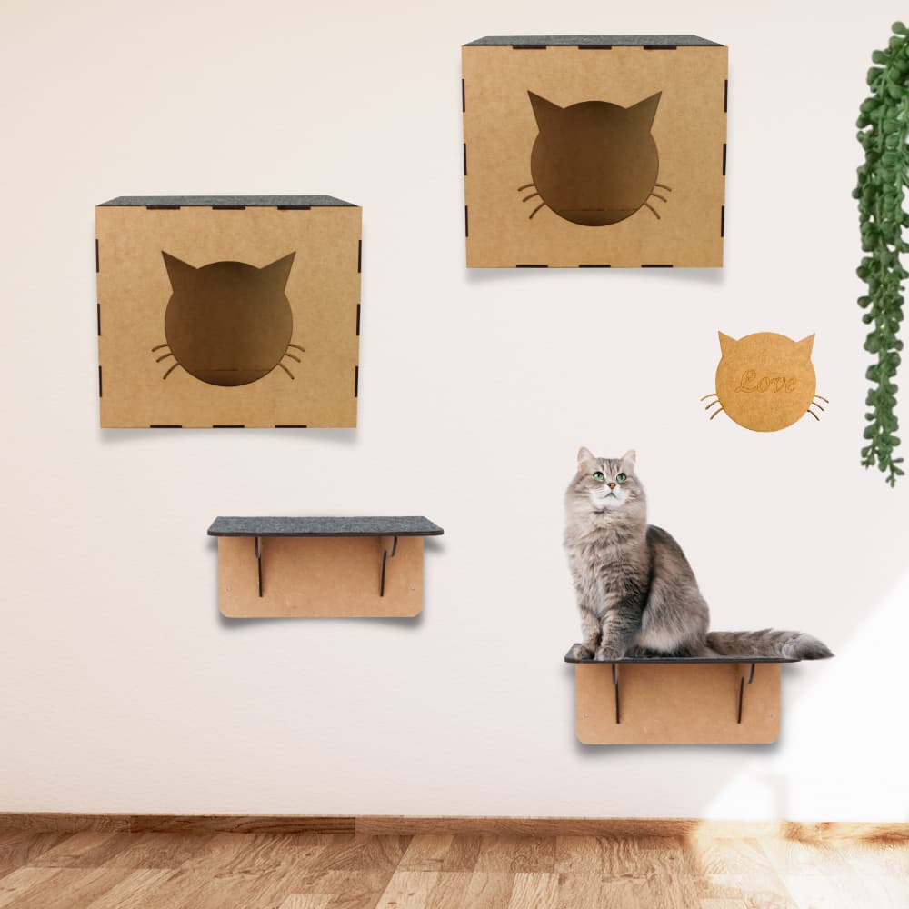 Playground de Gatos 4 Peças Brinquedo de Gato com Nichos  e Prateleiras Suspensas de Parede em MDF