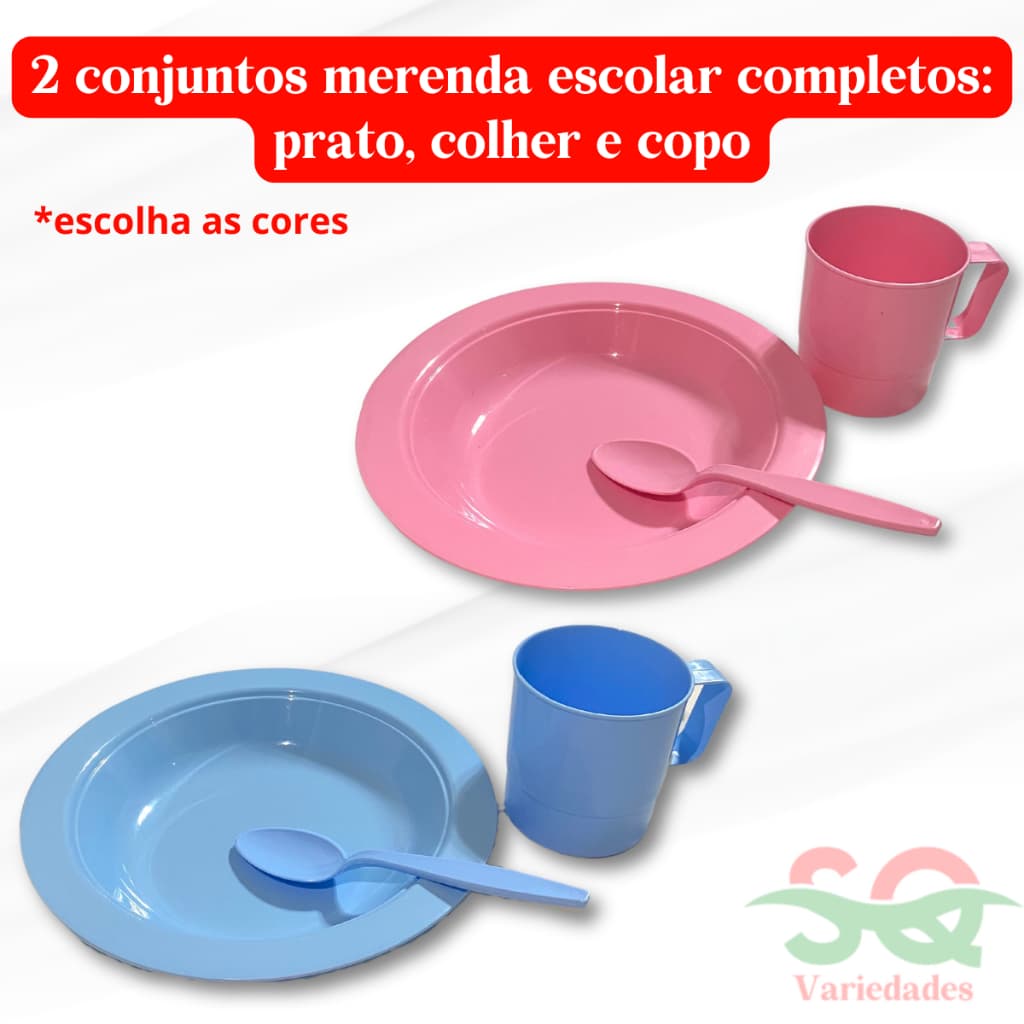2 Kits Merenda Escolar Creche Refeição Alimentação Prato Colher e Copo 300mL BPA FREE