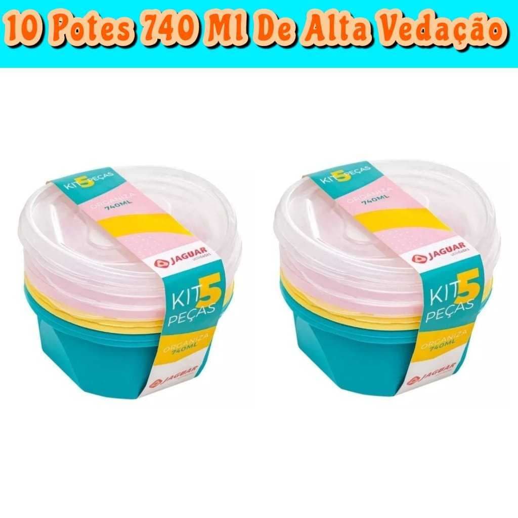 Kit 10 Potes de Plástico com Tampa Conjunto Pote Jaguar 740 ML Freezer,Microondas,Lava Louças Marmita Promoção Envio Ime