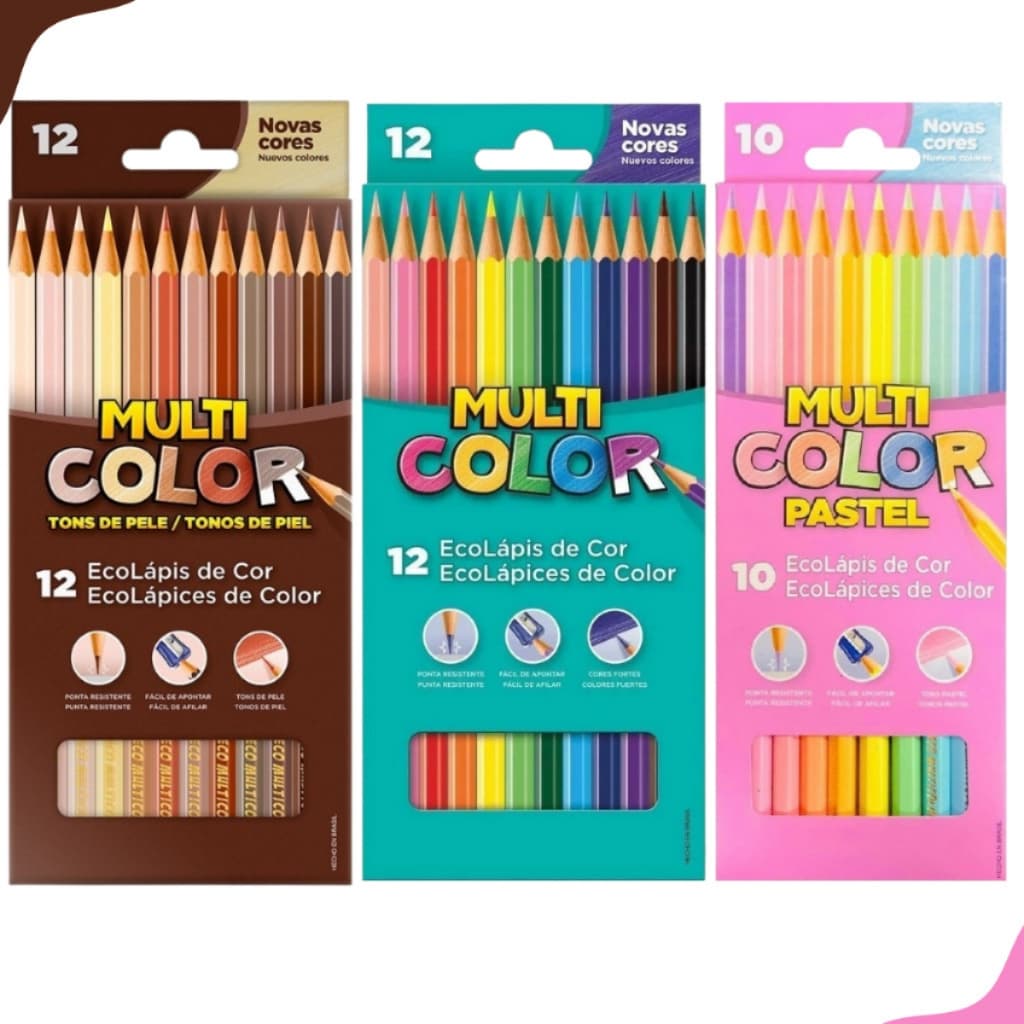 Lápis de Cor Sextavado Multicolor Cores Vivas - Tons de Pele - Tons Pastéis