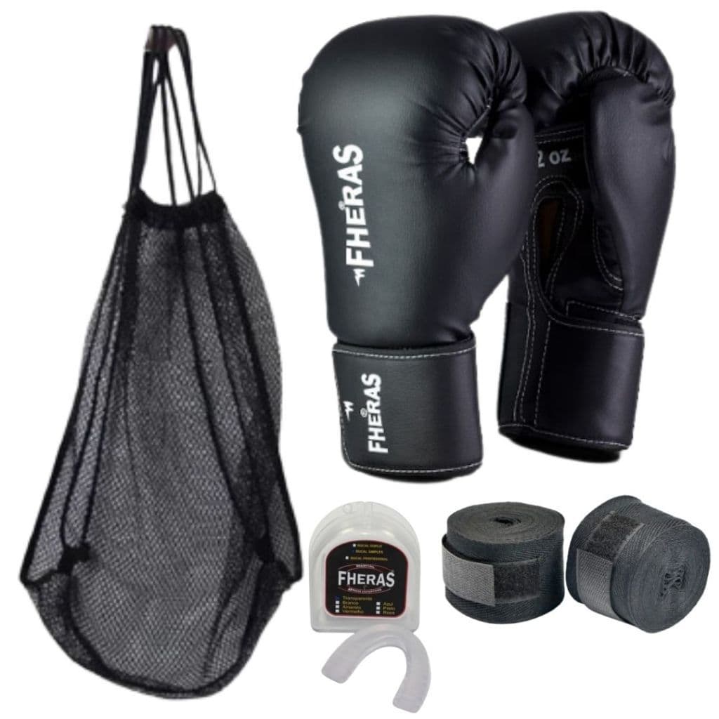 Kit Luva Boxe Muay Thai com Luva Fheras, Bandagem, Bucal e Bolsa Telada