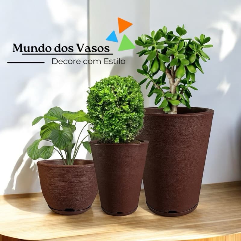 Kit 3 Vasos Para Plantas Naturais e Artificiais em Polietileno Coluna N01 + Coluna N02 + Bojo N01 Escovado