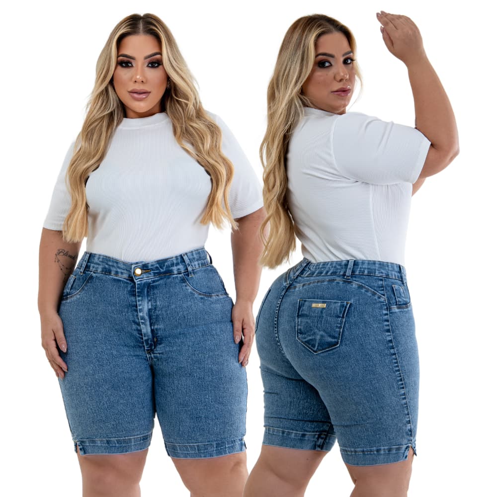 Short Jeans Feminino Para o Carnaval Marmorizado Bermuda Plus Size Cintura Alta Curve Premier