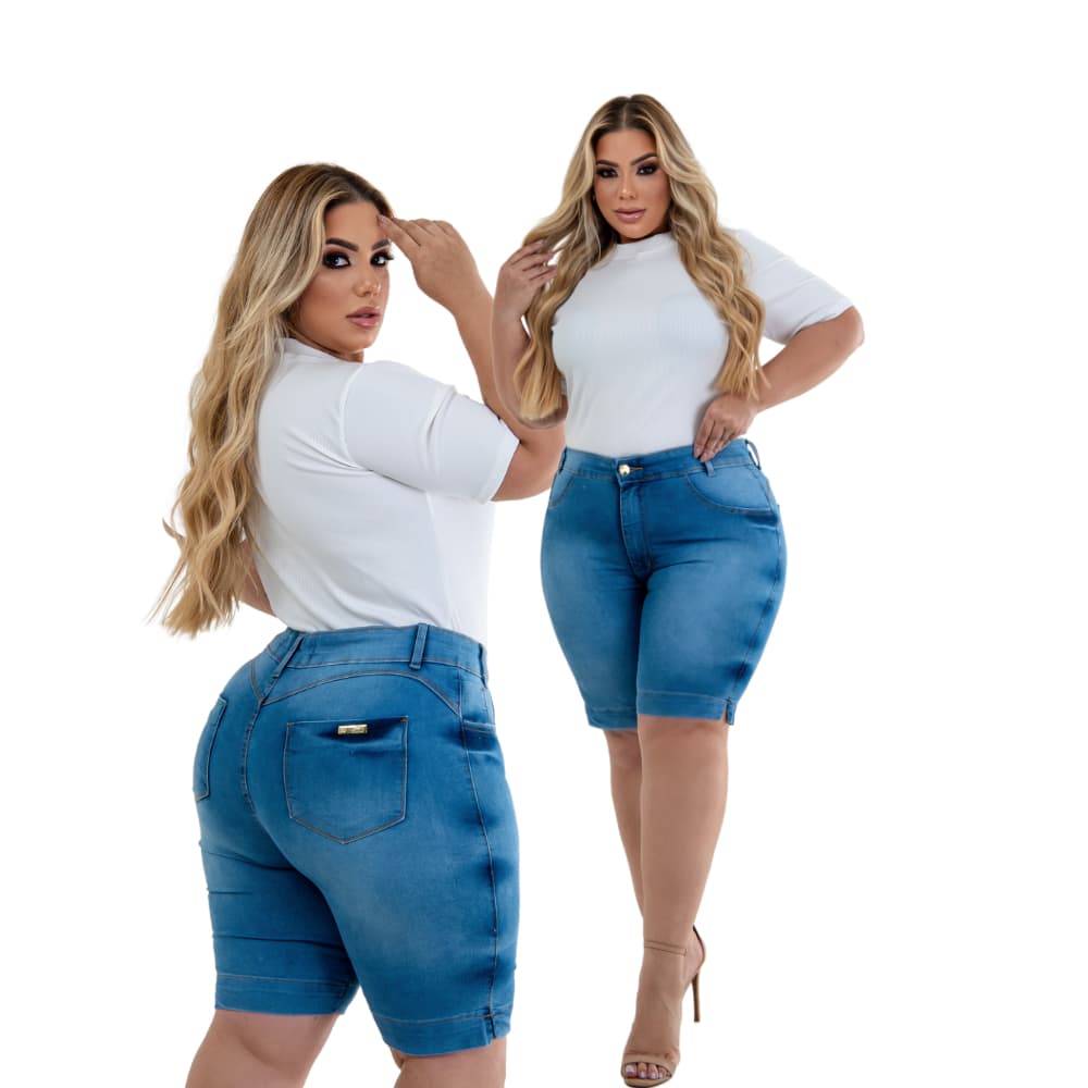 Short Jeans Feminino Claro Bermuda Plus Size Para o Carnaval Cintura Alta Levanta Bumbum Curve Premier