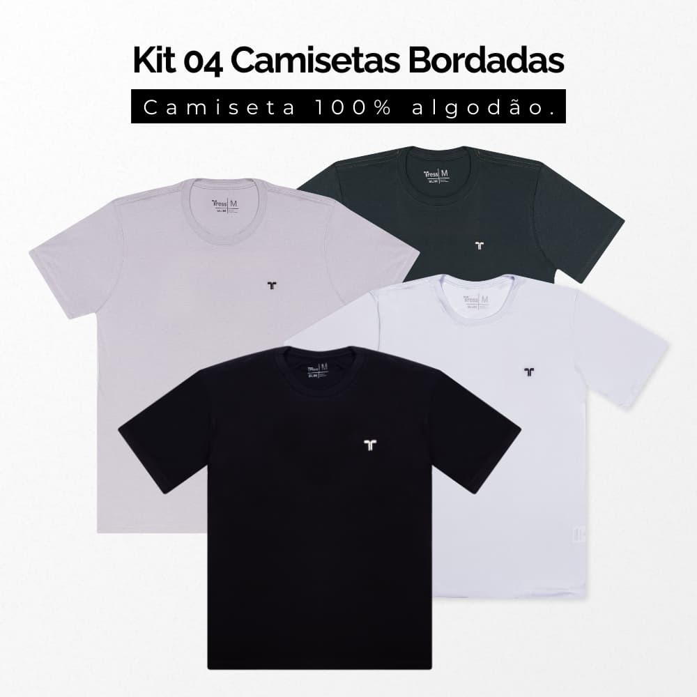 KIT 4 CAMISETAS MASCULINAS BASICAS LISAS SORTIDAS MANGA CURTA - PREMIUM - COM BORDADO