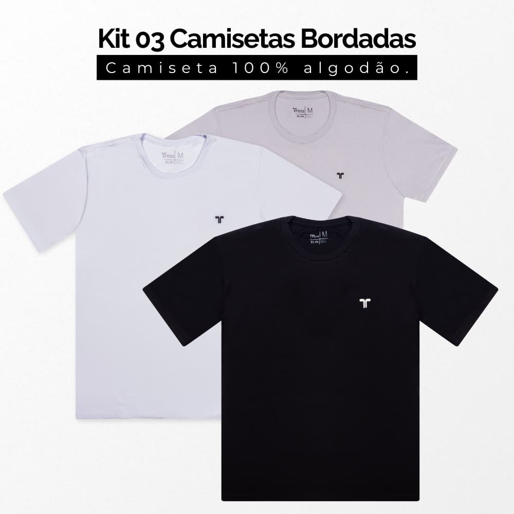 KIT 3 CAMISETAS MASCULINAS BASICAS LISAS SORTIDAS MANGA CURTA - PREMIUM - COM BORDADO